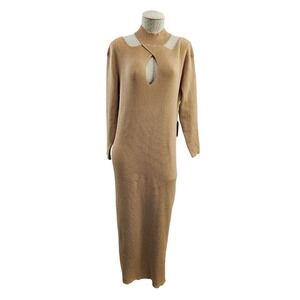 ELOQUII Women Plus 14/16 Camel Tan Mock Neck Cutout Long Sleeve Sweater Dress NW